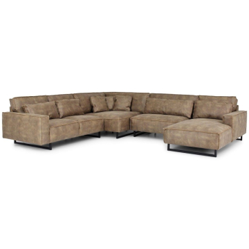 Groot hoekbankstel in stof en leer. Lazy