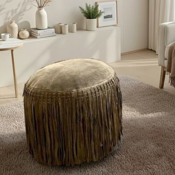 Poef leder met franjes donkergroen