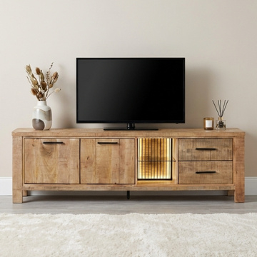 Sfeerafbeelding tv-meubel mangohout 180 cm. 