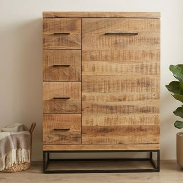 Wandkast mangohout met een deur en vier laden.