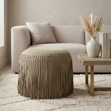 Poef leder met franjes donkergroen