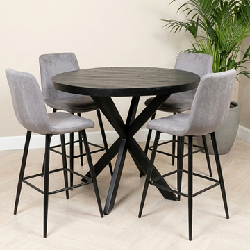 Ronde bartafel 110 cm zwart. Met vier barkrukken.