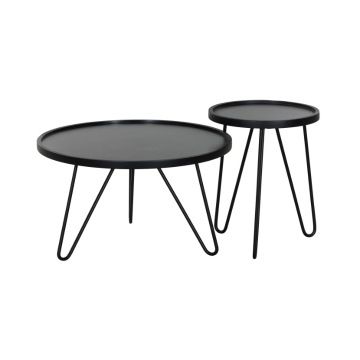 Ronde bijzettafel set van twee in het zwart met metalen poten. 
