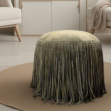 Bohemian poef 50 cm rond in groen leer.