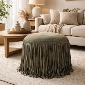 Bohemian poef 50 cm rond in groen leer.