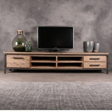 Tv meubel industrieel met stijgerbuis. Acaciahout met rond metalen frame. Atelier.