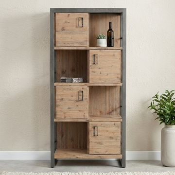 Industriële wandkast van acaciahout met grijs stalen frame