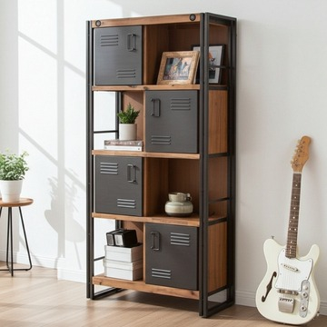 Industriële wandkast gemaakt van acaciahout en grijs metaal.