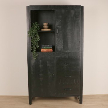 Wandkast industrieel gemaakt van mangohout in het zwart.