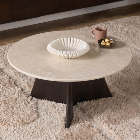 Salontafel Milo rond Botticino marmer 80 cm in sfeervolle woonkamer