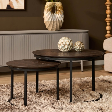 Salontafel Otik set van 2 rond eikenhout bruin 70 cm in woonkamer