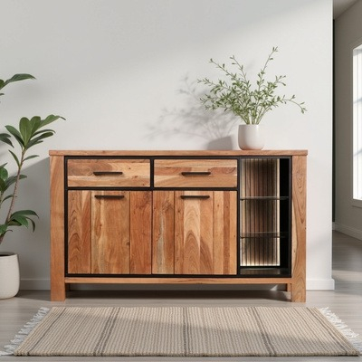 Houten dressoir met 2 lades, 2 deuren en open vakken met glazen planken en led verlichting.