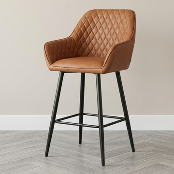Cognac barkruk lederlook met zwart metalen onderstel