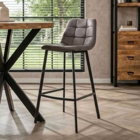 Barkruk lederlook grijs met onderstel van zwart staal