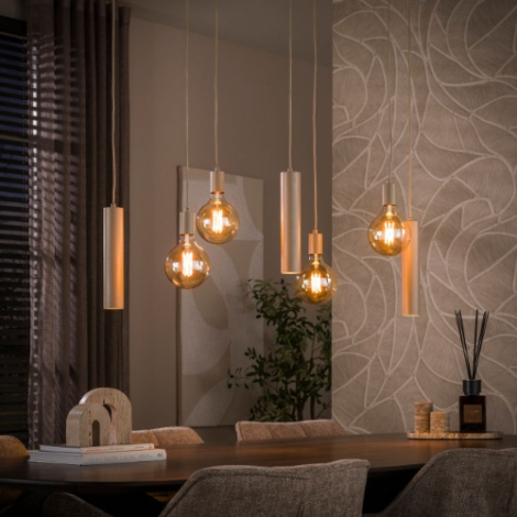Beige hanglamp eettafel 7 lampen met cilinders Gaspar - sfeerfoto