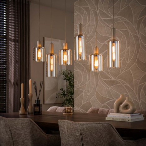 Beige hanglamp eettafel Sella met 6 glazen kappen - sfeerfoto