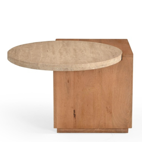 Bijzettafel Numa naturel travertin 60 cm met massief houten voet