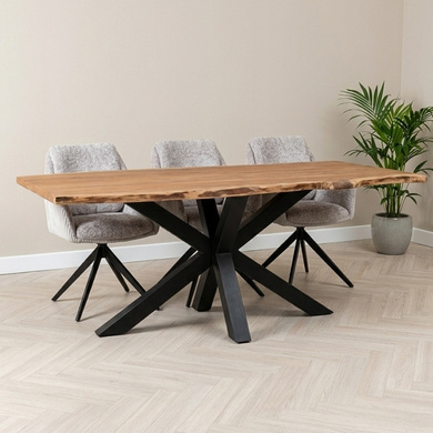 Boomstam eettafel 220 cm met zwart stalen spinpoot