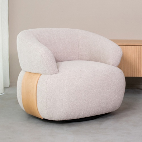 Draaifauteuil Bianca naturel bouclé met naturel houten voet