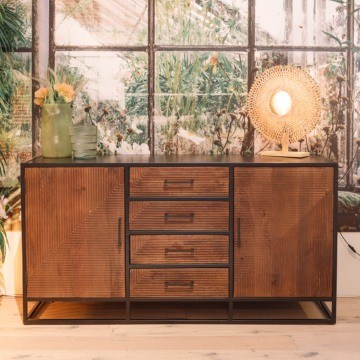 Dressoir bruin 165 cm van mangohout. 4 laden en 2 deuren.