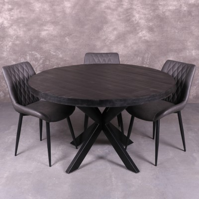 Zwarte 140cm ronde eettafel met stoelen.