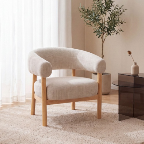Fauteuil Aaron crème met licht houten frame