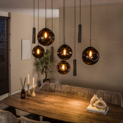 Glazen bollen hanglamp Remo bruin met 9 lampen - sfeerfoto