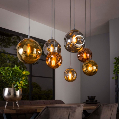 Glazen hanglamp Remo oud zilver met 7 kappen - sfeerfoto