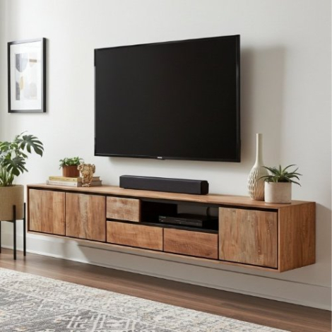 Tv meubel hangend teakhout 235 cm breed.