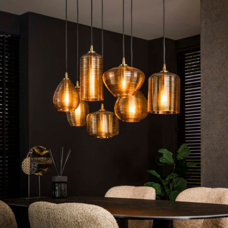 Hanglamp amber glas 7 lampen Gida - sfeerfoto