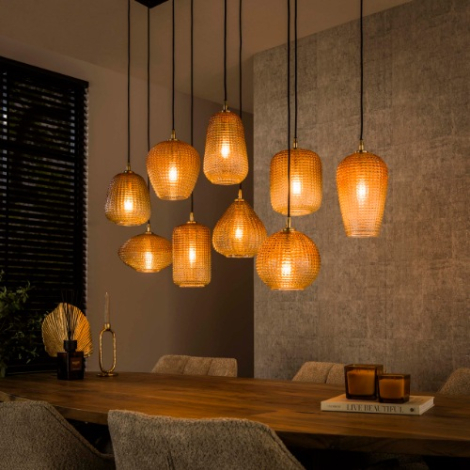 Hanglamp amber glas Mero met 9 lampen - sfeerfoto