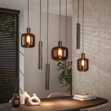 Hanglamp bruin met 7 lampen cilinder en bol Fero - sfeerfoto