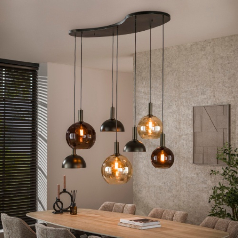 Hanglamp bruin glas en metaal Tilo met 7 lampen - sfeerfoto