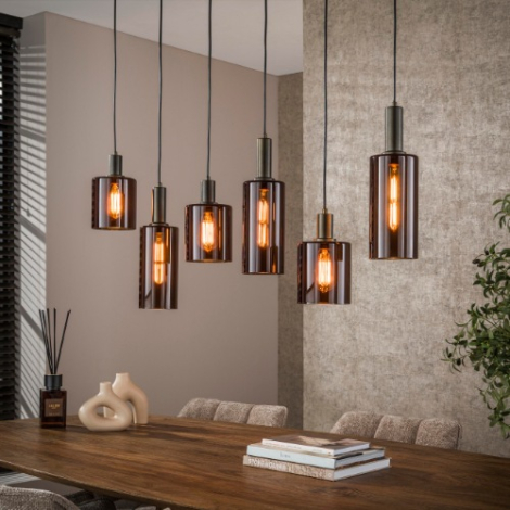 Hanglamp bruin glas Sella met 6 cilinders - sfeerfoto