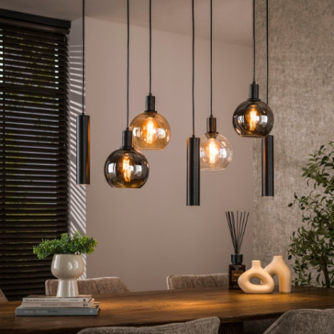 Hanglamp glazen bollen 7 lampen Makalu zwart - sfeerfoto
