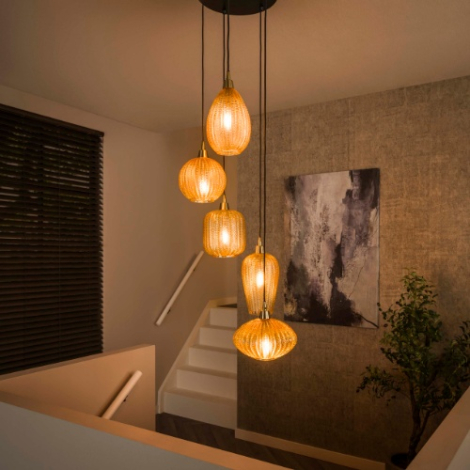 Hanglamp vide amber glas met 5 lampen Adra - sfeerfoto