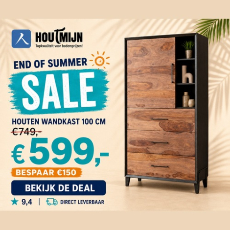 Wandkast van hout met deur, lades en open vakken