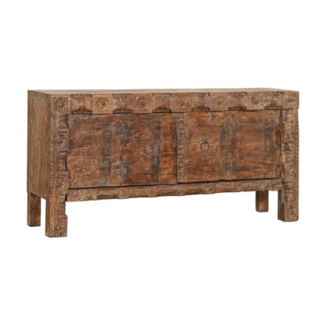Indiaas dressoir mangohout 2 deuren met snijwerk, roodbruin