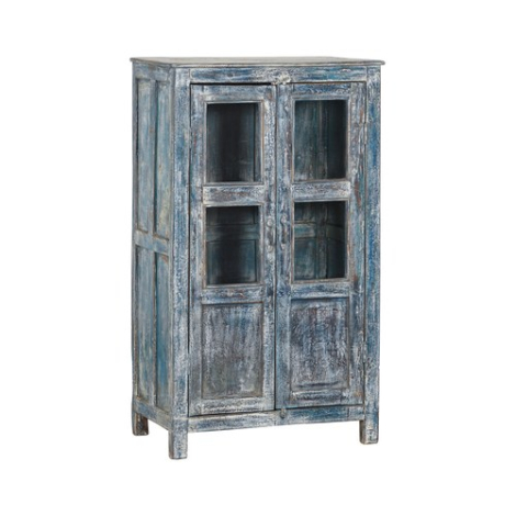 Indiase vitrinekast teakhout 2 glazen deuren, blauw