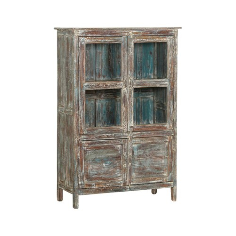 Indiase vitrinekast teakhout 4 deuren, blauw interieur