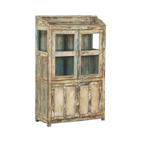 Indiase vitrinekast teakhout 4 deuren, blauw-wit