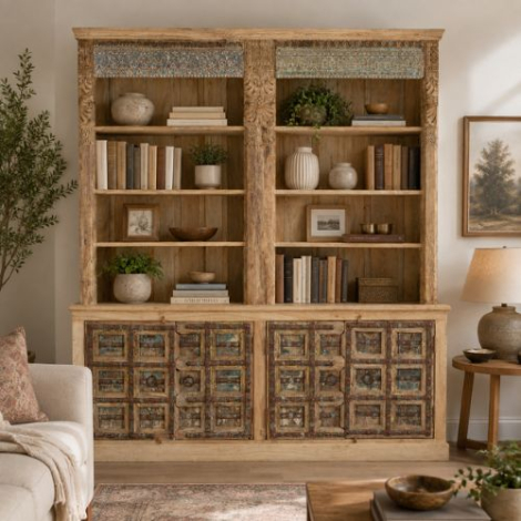 Grote wandkast voor de woonkamer. 4 deuren met open vakken voor boeken