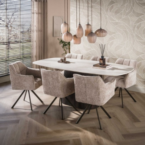 Keramische eettafel deens ovaal 215 cm Arda met centrale poot - sfeerfoto