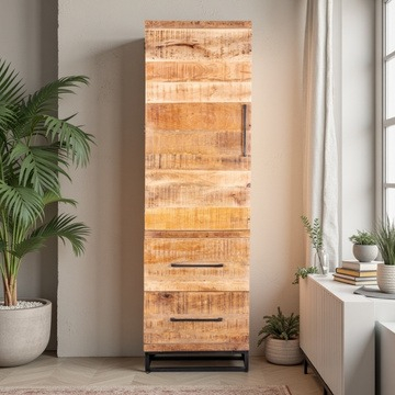 Mangohouten kast smal met deur en twee lades.