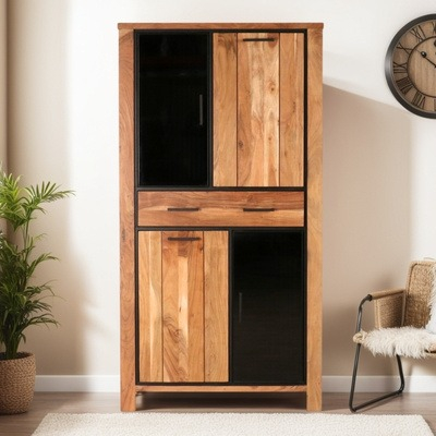 Wandkast hout 100 cm breed met een lade en deuren gemaakt van hout en glas.