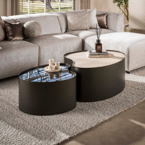 Organische salontafel travertinlook met rookglas Berno set van 2 - sfeerfoto