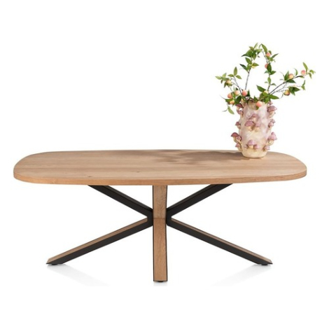 Ovale eettafel Bonaire 210 cm in eikenfineer met vaas, vooraanzicht van het middenonderstel met vier schuine zwarte armen met houtinleg