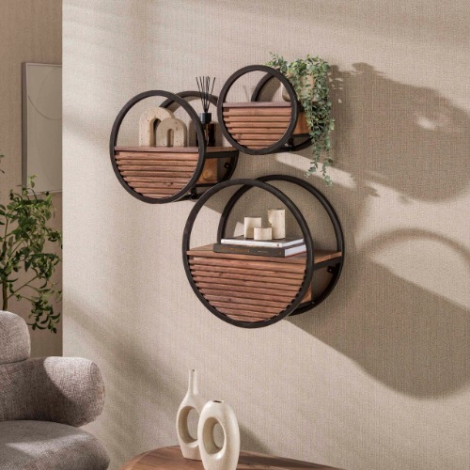 Rond wandschap met lade 40 cm Romy bruin met bronskleurig frame - sfeerfoto