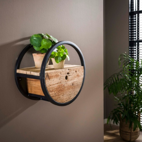 Rond wandschap met lade 40 cm Romy hardhout met zwart frame - sfeerfoto
