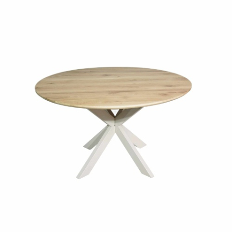 Ronde eettafel Ferris eiken naturel met zandkleurige poot 110 cm driekwart aanzicht